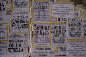 February 23, 2015 – Acerra, Italy: Mortuary posters are seen during the funeral day of Pasquale De Maria. Pasquale De Maria died at the age of twenty after contracting cancer, as many people living in the land of fires. At the beginning of February 2015 the Court of Appeal of Naples said the environmental disaster for the area of Acerra.