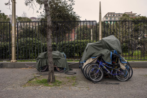 Bicycles covered by a cloth on the waterfront of the city, on the sixteenth day of unprecedented lockdown across of all Italy imposed to slow the spread of coronavirus in Naples, Southern Italy on March 25, 2020.