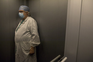 Antonino Marchese, health director of the third Covid 3 Hospital (Istituto clinico CasalPalocco) is seen inside the lift of the hospital during the Coronavirus emergency in Rome, Italy on March 30, 2020. The Italian government is continuing to enforce the nationwide lockdown measures to avoid the spread of the infection in the country.