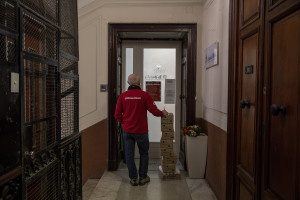 Patrizio, 53 years old and volunteer of the Italian Red Cross for about 1 years distributes food and medicines to a retirement home for the elderly, during coronavirus emergency in Naples, Italy on April 2, 2020.