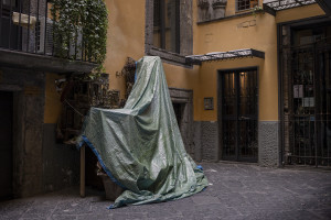 Cribs covered by a towel in a deserted San Gregorio Armeno street during the ninth day of unprecedented lockdown across of all Italy imposed to slow the spread of coronavirus in Naples, Southern Italy on March 18, 2020.