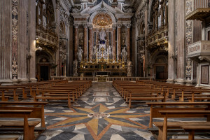 A general view of the empty “Gesù Nuovo” church on the third day of unprecedented lockdown across of all Italy imposed to slow the spread of coronavirus in Naples, Southern Italy on March 12, 2020.