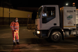 Road sanitation operations on the third day of unprecedented lockdown across of all Italy imposed to slow the spread of coronavirus in Naples, Southern Italy on March 12, 2020.