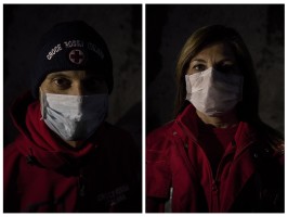 LEFT: Alessio, 45 years old and volunteer of the Italian Red Cross for about 6 years is portrayed during the coronavirus emergency in Naples, Italy on April 2, 2020. RIGHT: Emilia, 50 years old and volunteer of the Italian Red Cross for about 2 years is portrayed during the coronavirus emergency in Naples, Italy on April 2, 2020.