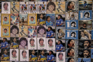 Magnets depicting the Argentine soccer legend Diego Armando Maradona is seen in the Spanish Quarter in Naples, Southern Italy on November 24, 2021. Diego Armando Maradona died on November 25 of last year and next November 25, 2021 will be the anniversary of his death.