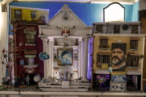 An altar dedicated to the Argentine soccer legend Diego Armando Maradona is seen inside a bar of the historical center of Naples, Southern Italy on November 23, 2021. Diego Armando Maradona died on November 25 of last year and next November 25, 2021 will be the anniversary of his death.