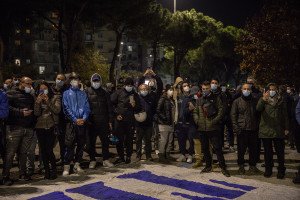 People gather outside “San Paolo” stadium after the death of the Argentine soccer legend Diego Armando Maradona in Naples, Italy on November 25, 2020.