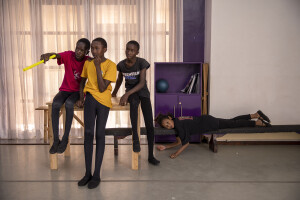 Dance Centre Kenya student Bravian Mise, 14 years old (third on the left) is seen with his friends during a pause at Dance Centre Kenya in Nairobi, Kenya on October 12, 2024. The main purposes of Dance Centre Kenya is to provide international training for talented young dancers, regardless of their background or nationality. It also represents a bridge between Africa and foreign countries, giving dozens of less fortunate children the chance to dream of a better future.